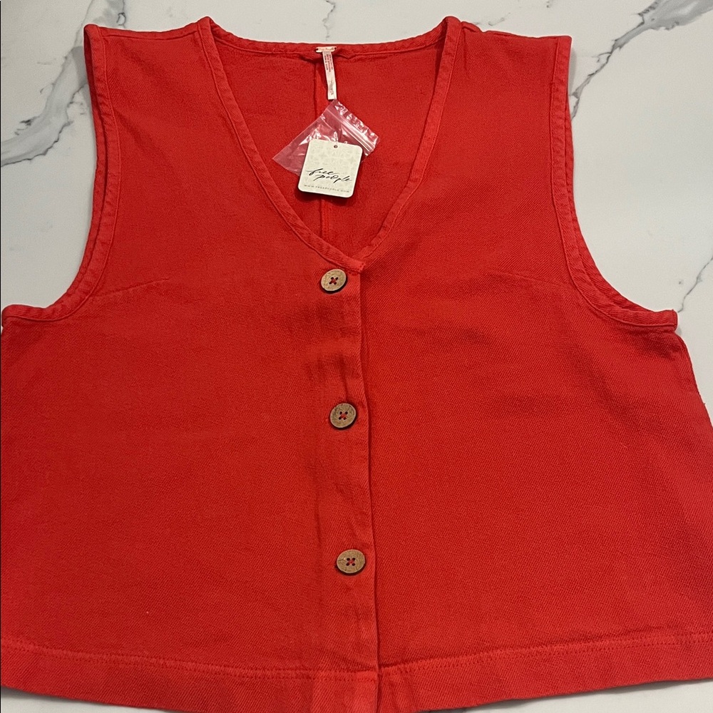 Free People Red Button-Front Sleeveless V-Neck Top